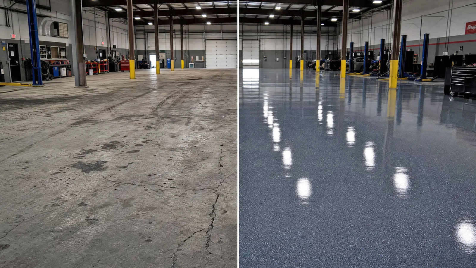 Commercial floor coating before and after — auto shop in Shawnee KS