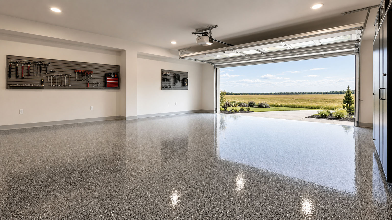 Premium residential garage with professionally coated decorative flake floor