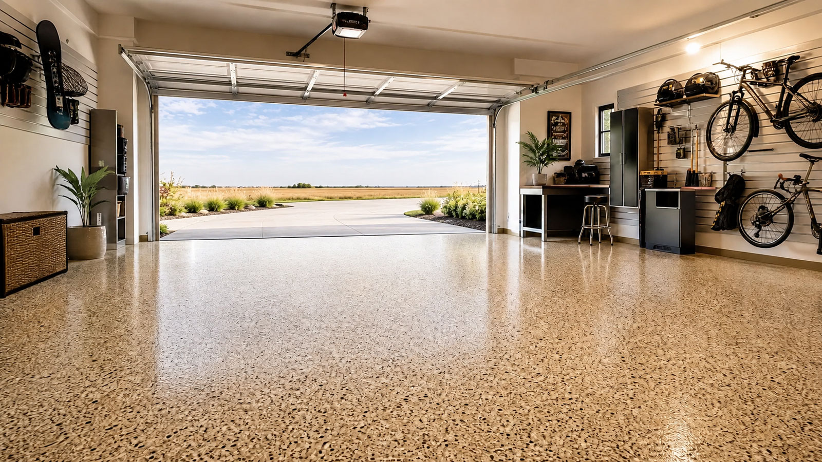 Warm, inviting residential garage with a professionally installed decorative flake floor coating